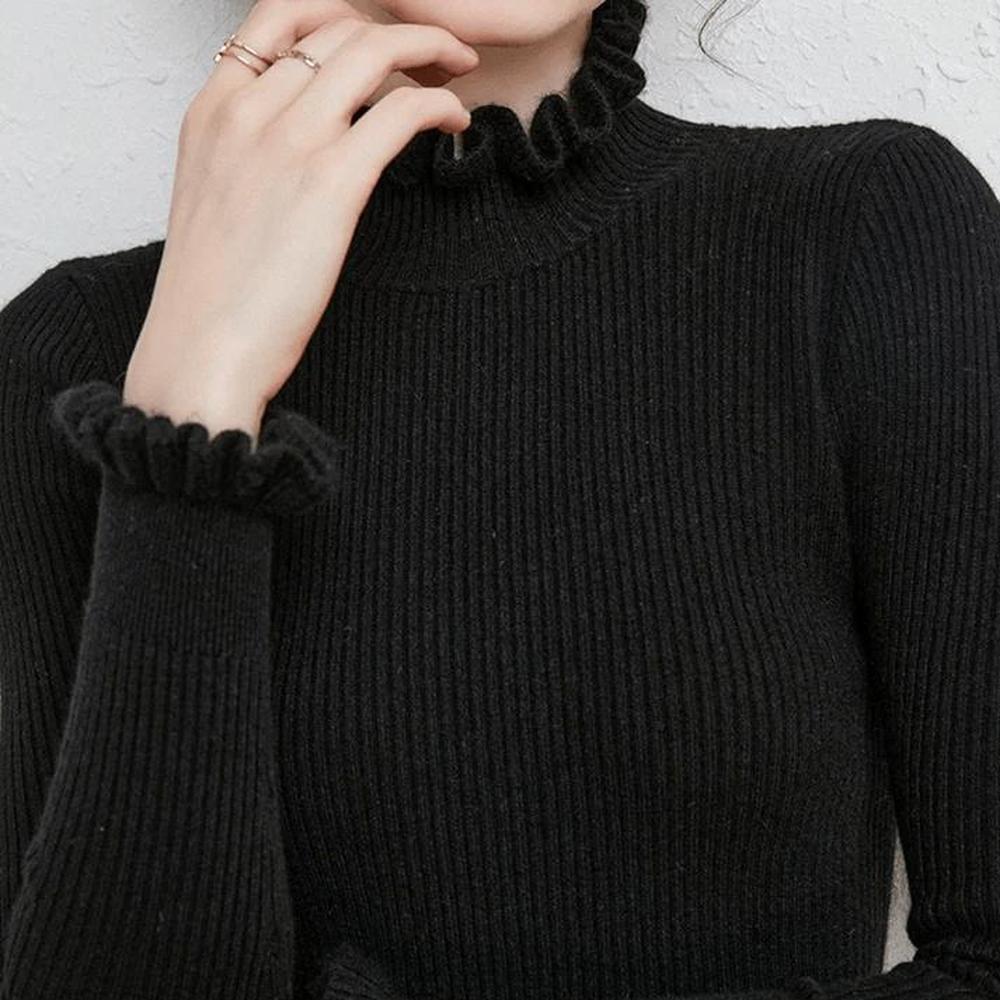 Pull Femme Col Roulé à Volants en Maille Douce – Élégant et Confortable pour Toutes Occasions