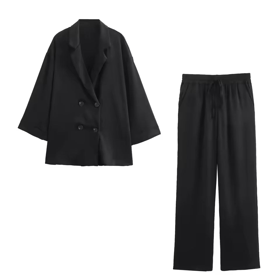 Women's Oversized Satin Suit Set with Double-Breasted Blazer and Wide-Leg Pants – Chic and Elegant