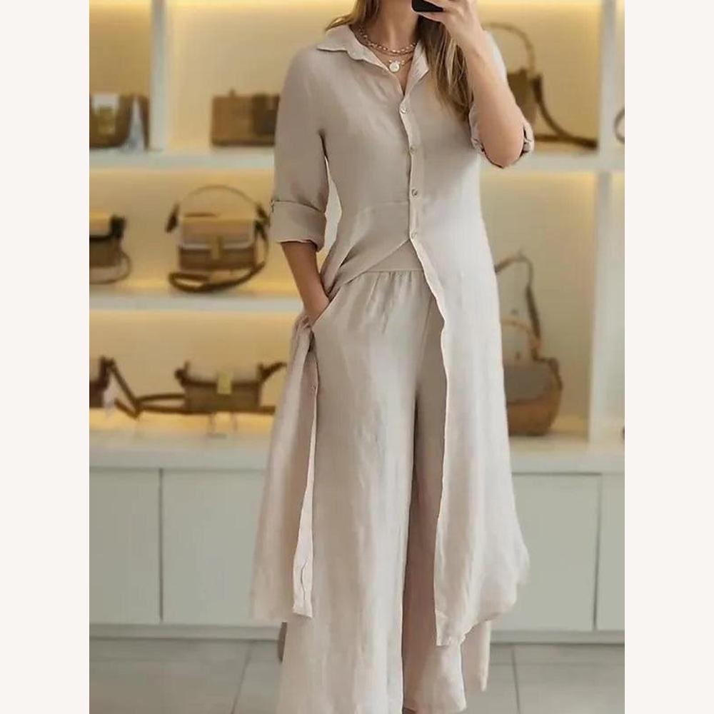 Ensemble Tailleur Femme en Lin avec Chemise Longue et Pantalon Large – Élégant et Confortable pour l'Été