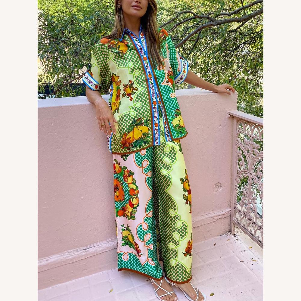 Ensemble d'Été Femme Imprimé Coloré – Chemise Ample et Pantalon Large Taille Haute pour Look Décontracté