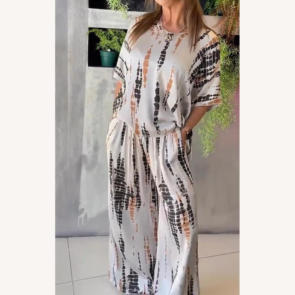 Women's Casual Set Abstract Print - Loose Top and Flowy Polyester Pants for Sports and Leisure