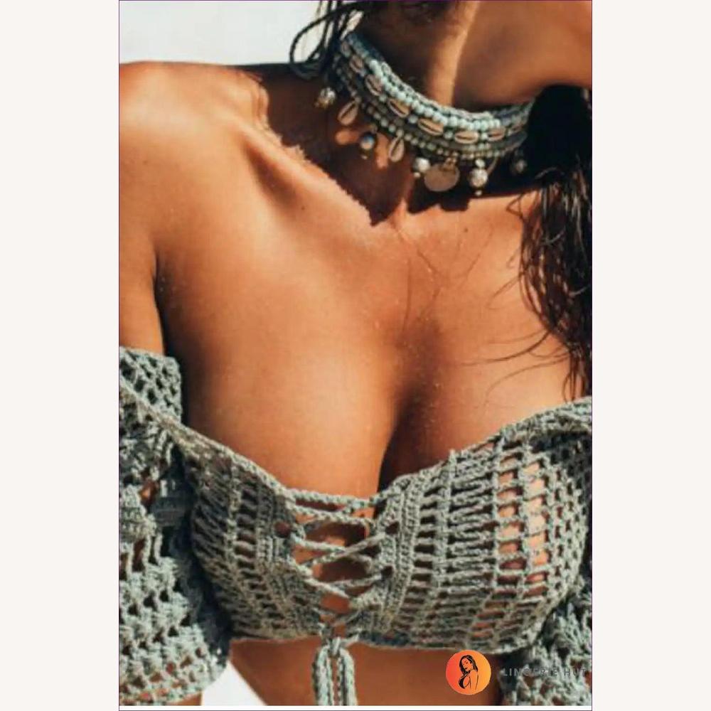 Top Court en Crochet Boho Femme Off-Shoulder avec Détails à Lacets – Tissu Doux et Respirant pour l'Été