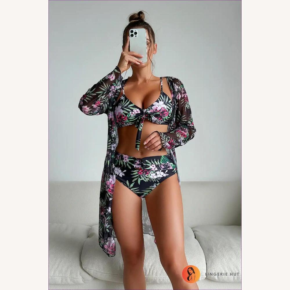 Ensemble de Maillot de Bain Femme Tropical Boho 3 Pièces avec Haut à Manches Longues et Détails en Dentelle