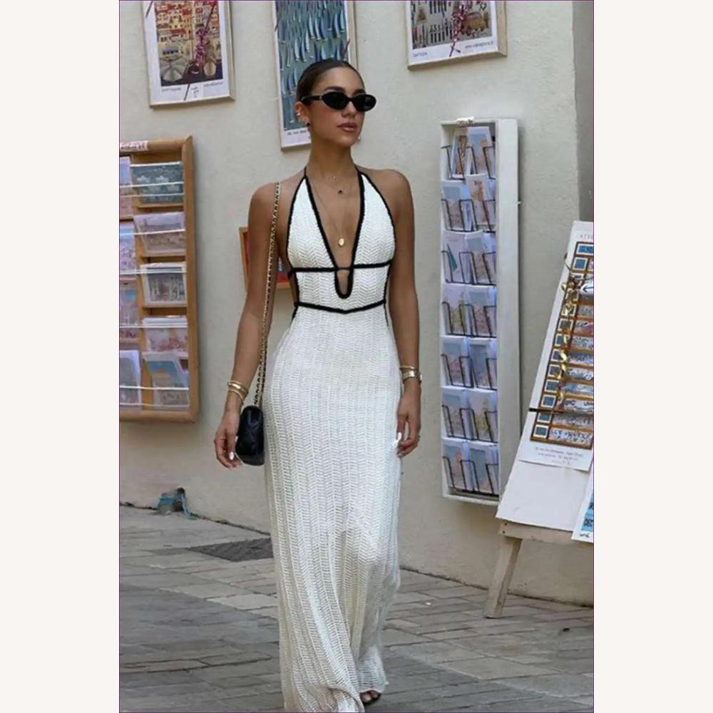 Robe Longue Femme Halter en Crochet Blanc – Élégance Été pour Mariages et Soirées