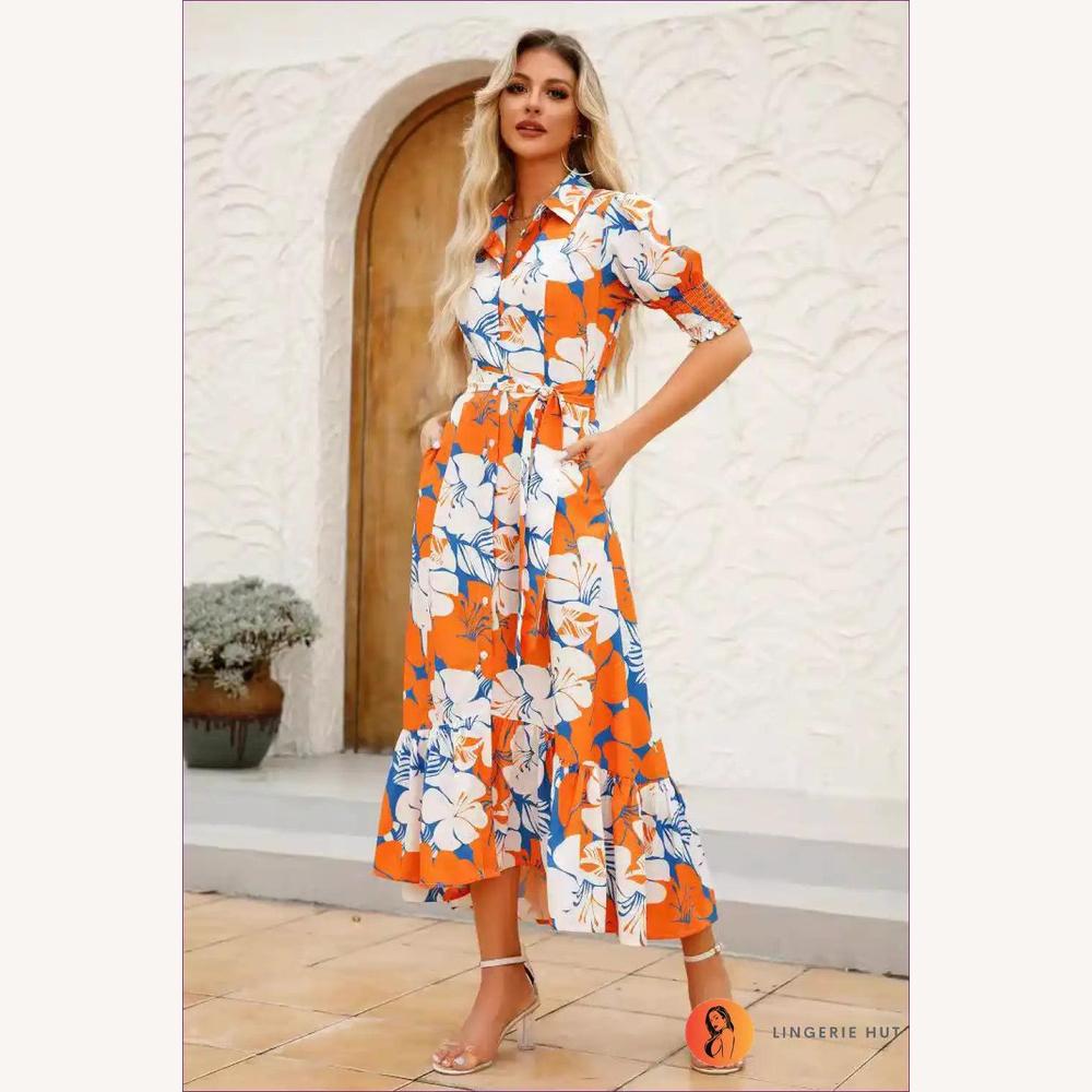 Robe Longue Femme Imprimée Florale Boutonnée avec Ceinture – Élégance d'Été en Polyester