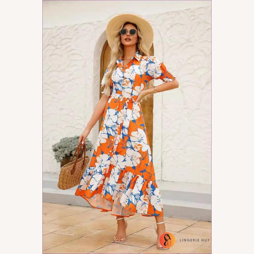 Robe Longue Femme Imprimée Florale Boutonnée avec Ceinture – Élégance d'Été en Polyester