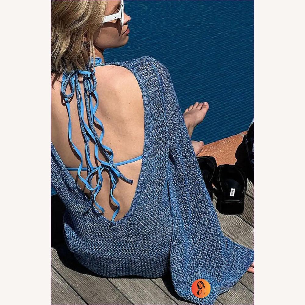 Robe de Plage Femme Backless en Jersey Polyester avec Manches à Ailes – Élégance Boho pour Tenue de Plage