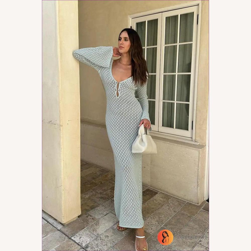 Robe de Soirée Longue Chic en Jersey avec Découpes Audacieuses et Col en V – Élégante et Sexy pour Femmes