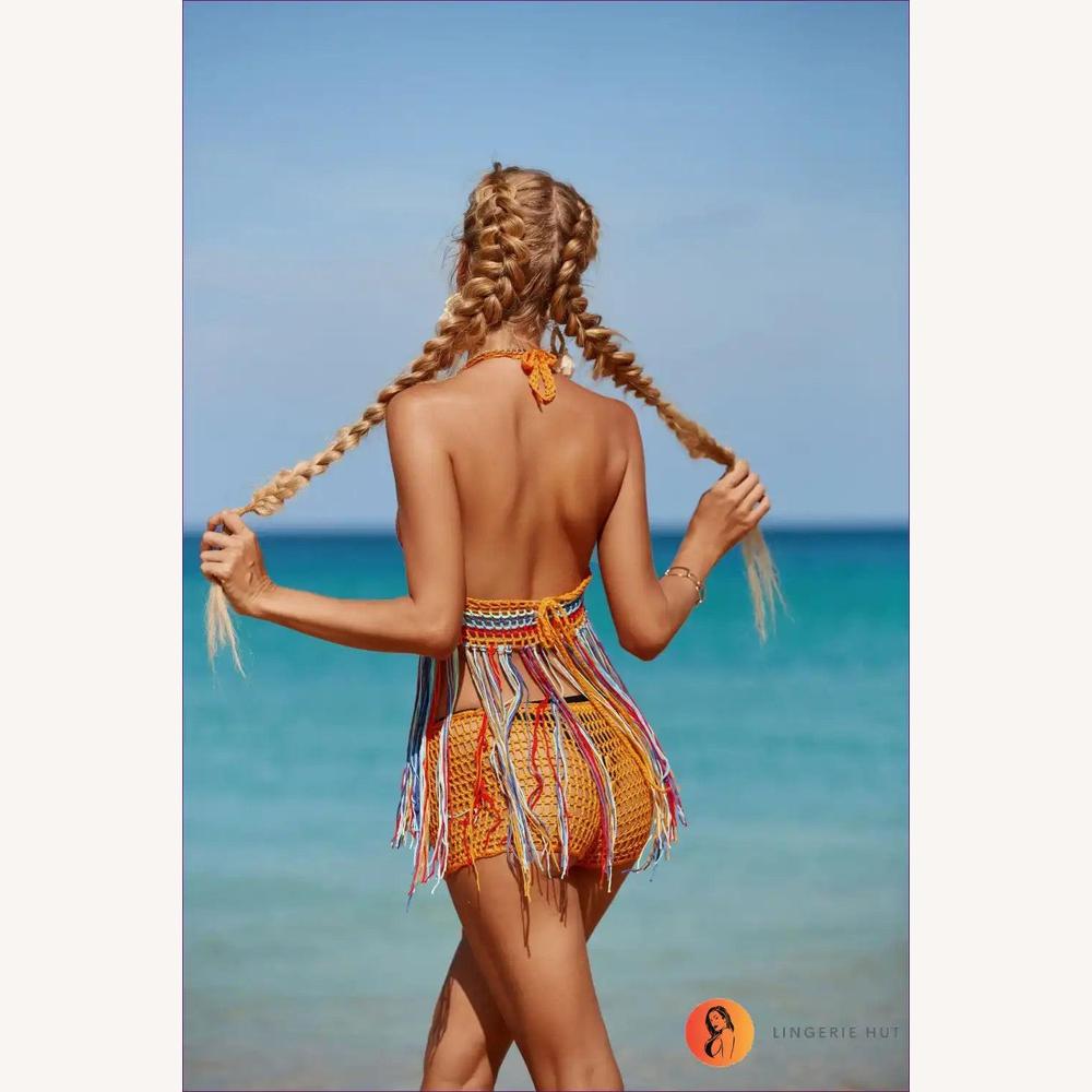 Haut de Maillot de Bain à Crochet Multicolore avec Détails en Gland – Style Élégant et Ajustement Slim pour Femme