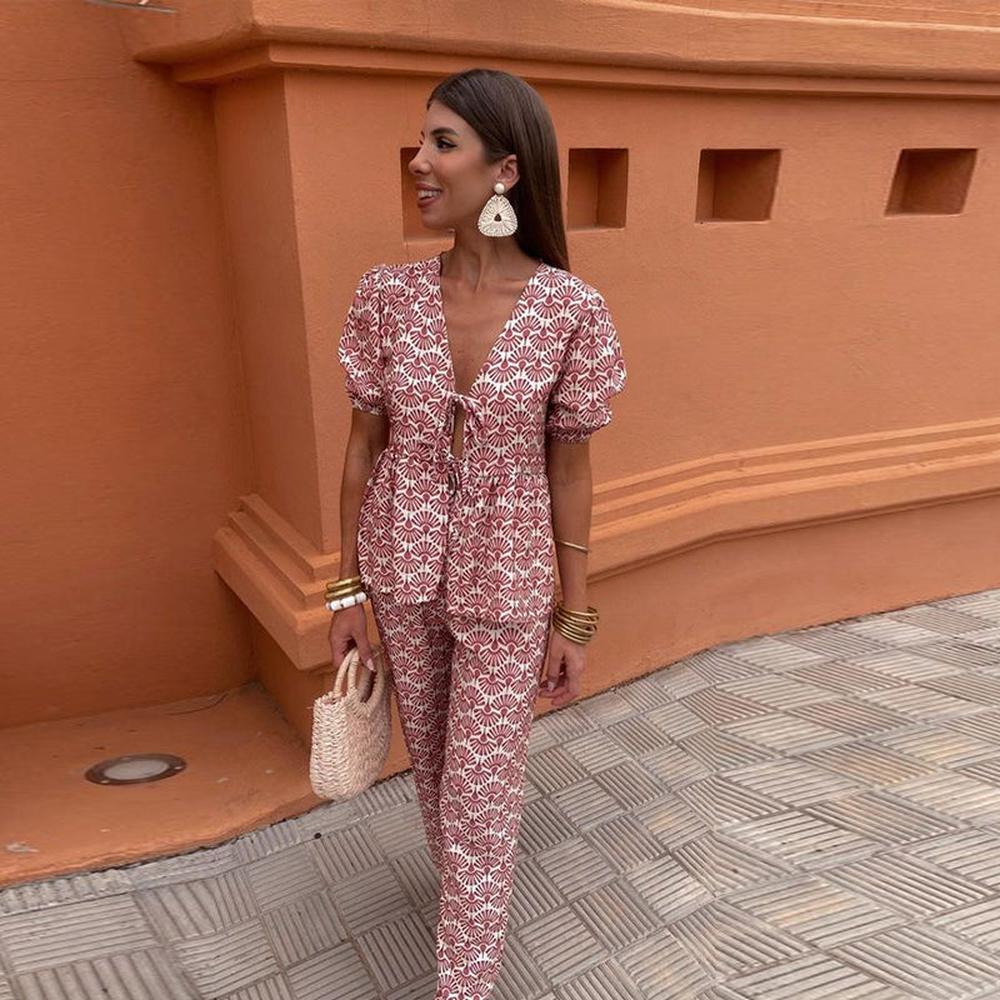 Variant image for Ensemble Tailleur Femme Imprimé Floral – Haut à Nouer et Pantalon Droit à Taille Élastique-7