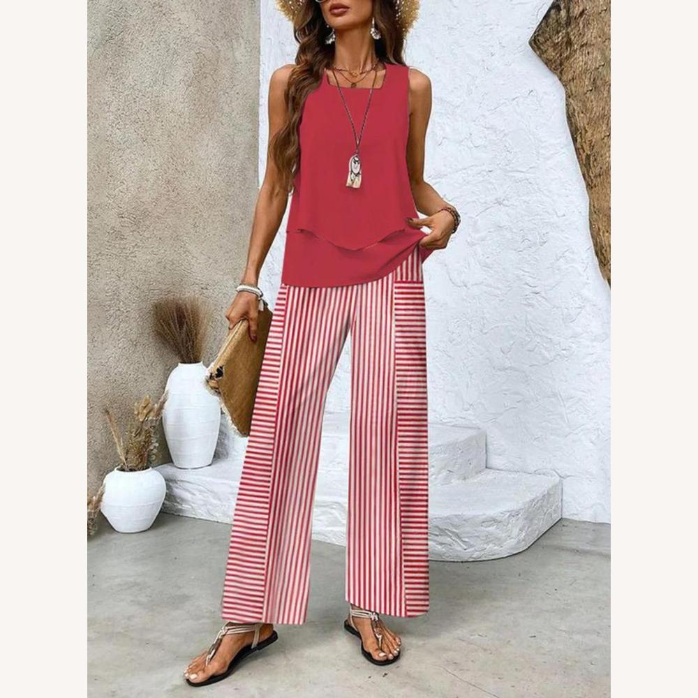 Ensemble Deux Pièces Femme Élégant en Tissu Léger – Top Sans Manches et Pantalon Large pour Été