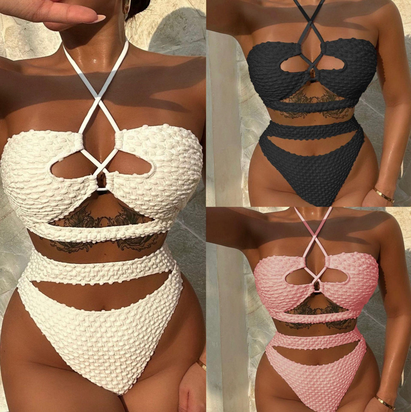 Beige String Bikini for Women – Boho Chic Swimsuit with Lace-up Details and Halter Straps