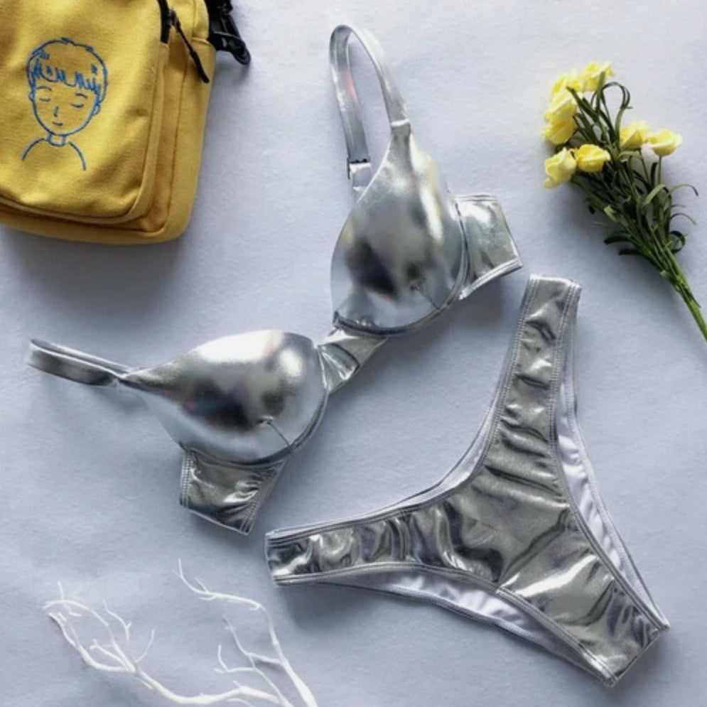 Bikini Femme en Cuir Synthétique Métallique - Maillot de Bain Boho Chic pour Plage et Piscine