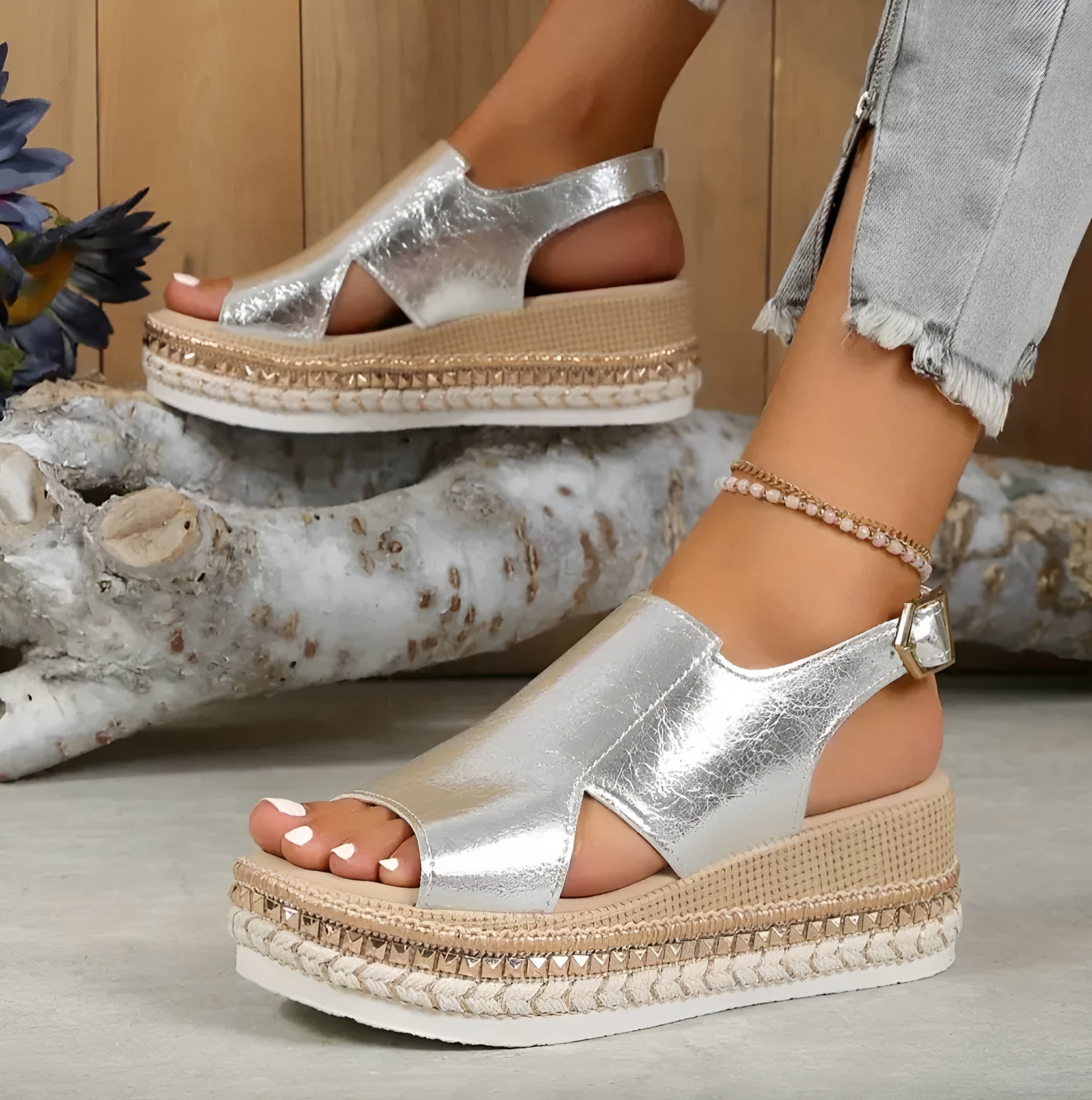 Sandales Femme Métalliques Dorées Taille 38 Cuir PU Compensées