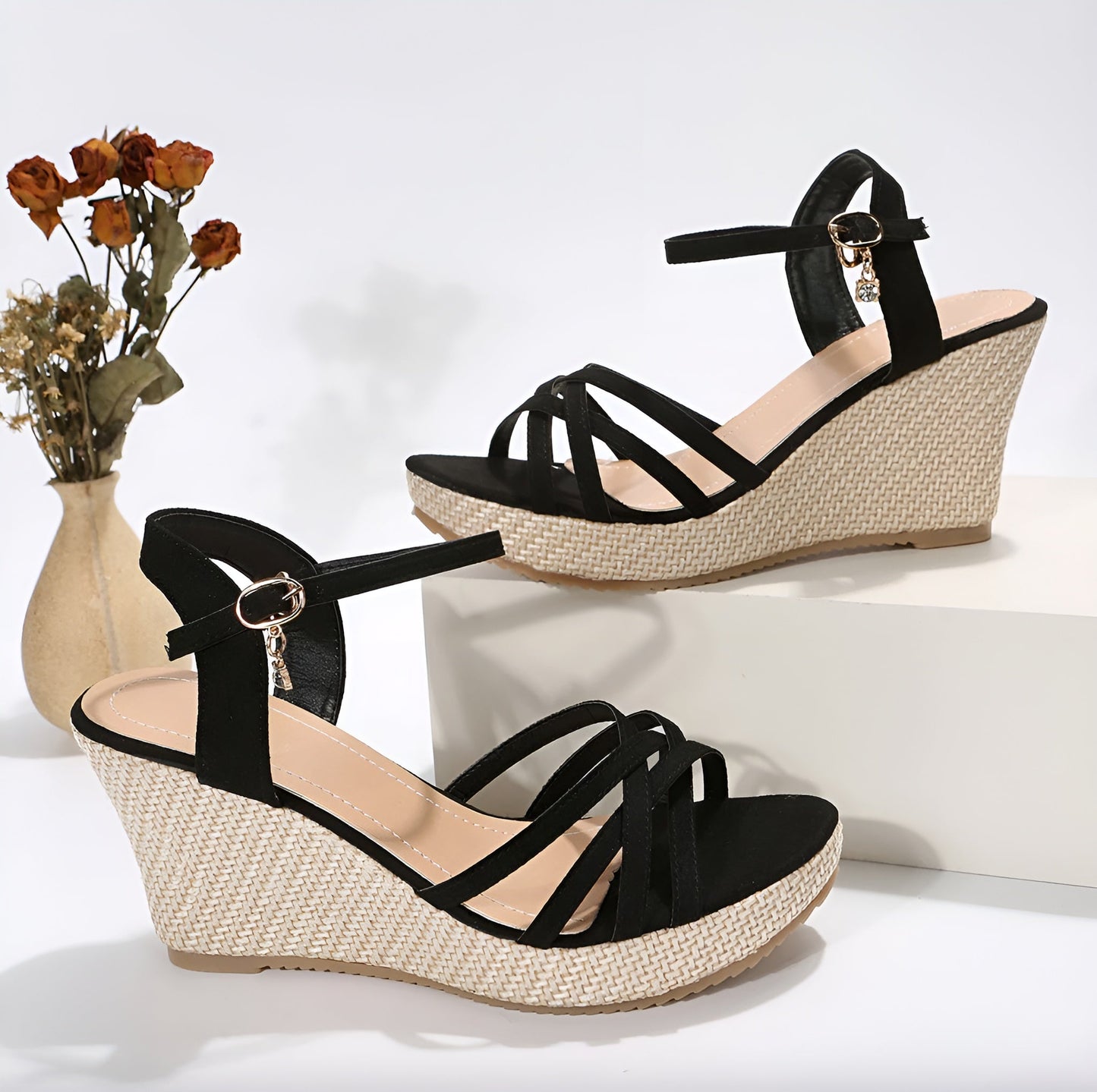 Women's Beige Wedge Sandals Size 38 Synthetic