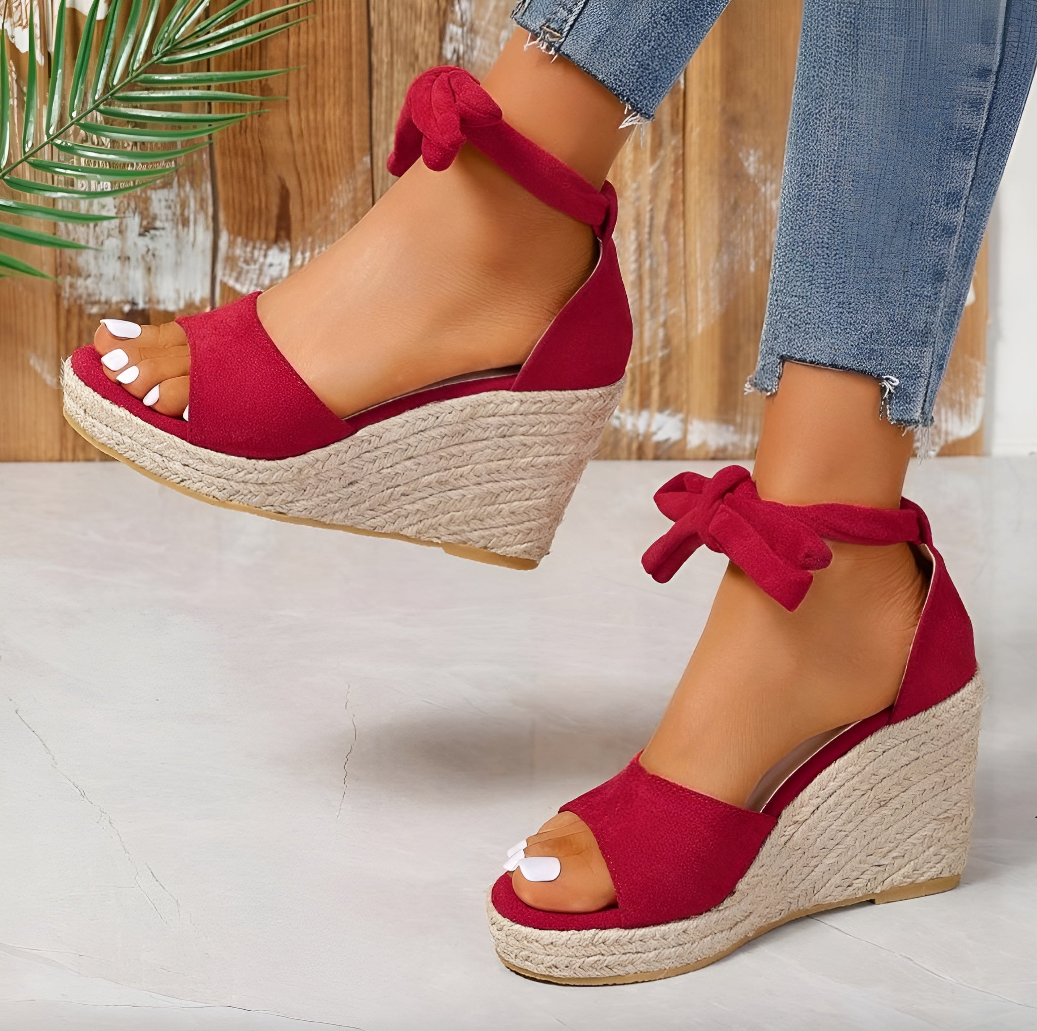 Sandales Compensées Femme Beige Taille 38 Daim à Talon en Corde Tressée