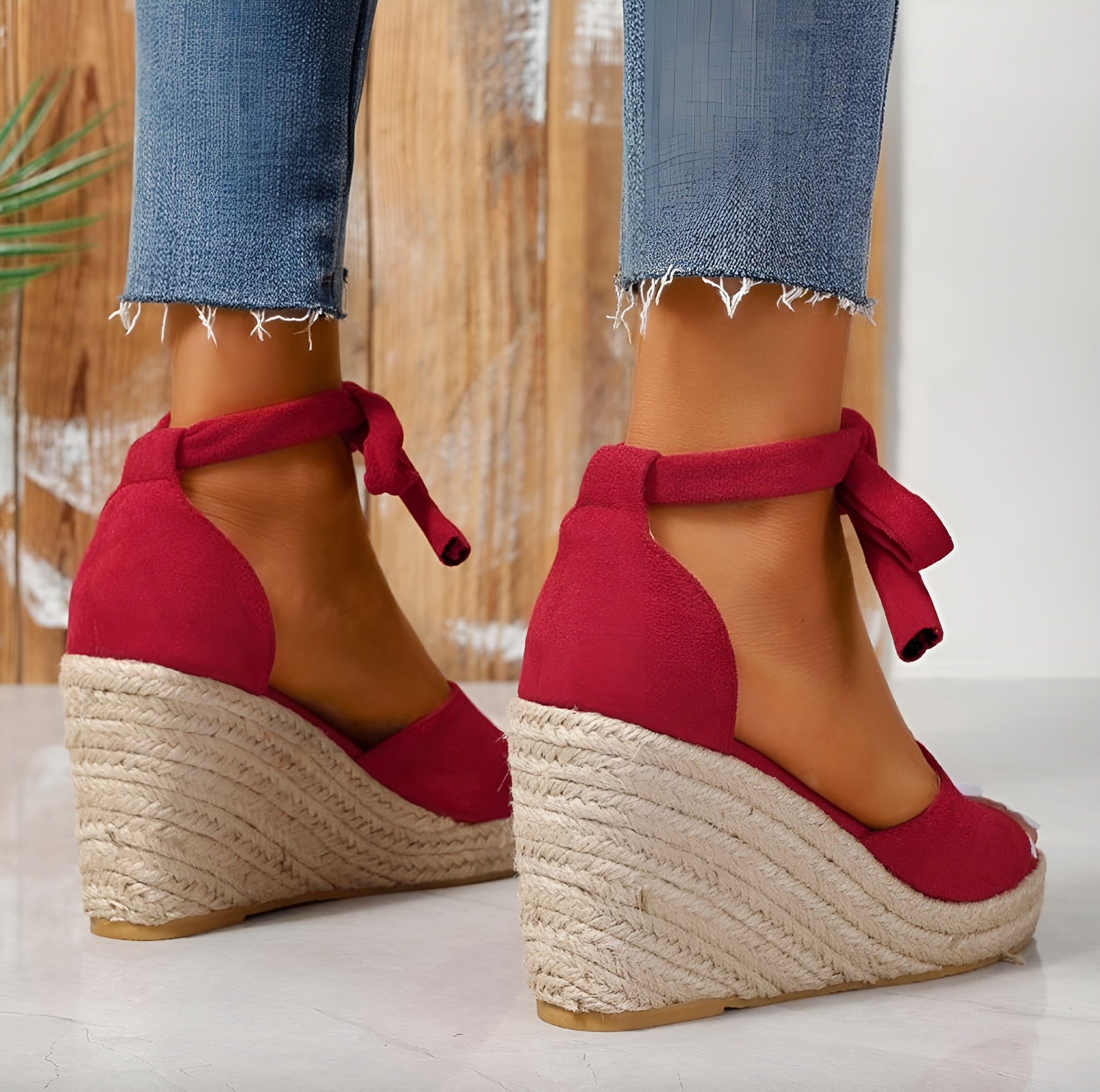 Sandales Compensées Femme Beige Taille 38 Daim à Talon en Corde Tressée