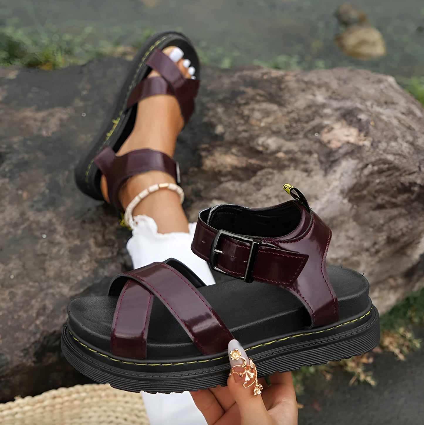 Women's Black Sandals Size 38 Synthetic Leather Thick Comfortable Sole