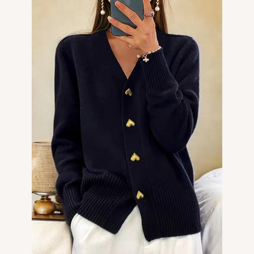 Cardigan Femme en Maille Douce à Col en V avec Boutons en Cœur – Élégance et Confort, Manches Longues, Coupe Ample