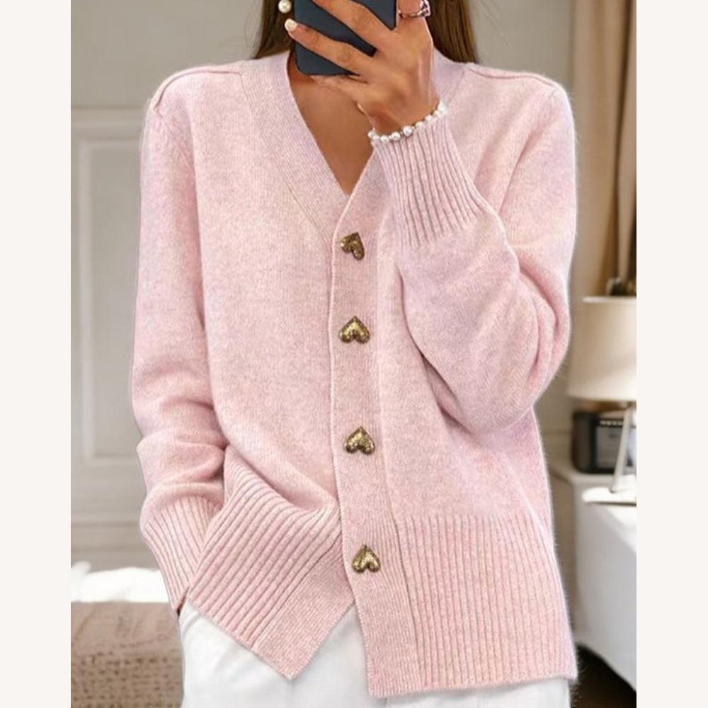 Women's Soft Knit V-Neck Cardigan with Heart Buttons – Elegance and Comfort, Long Sleeves, Loose Fit