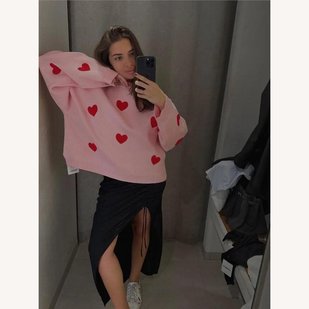 Pull Femme Oversize Tricoté avec Broderie de Cœurs Rouges – Doux et Confortable en Maille