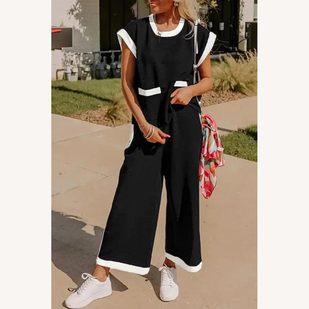 Ensemble Deux Pièces Femme Noir avec Haut Ample et Pantalon à Jambes Larges – Détails Contrastants Blancs