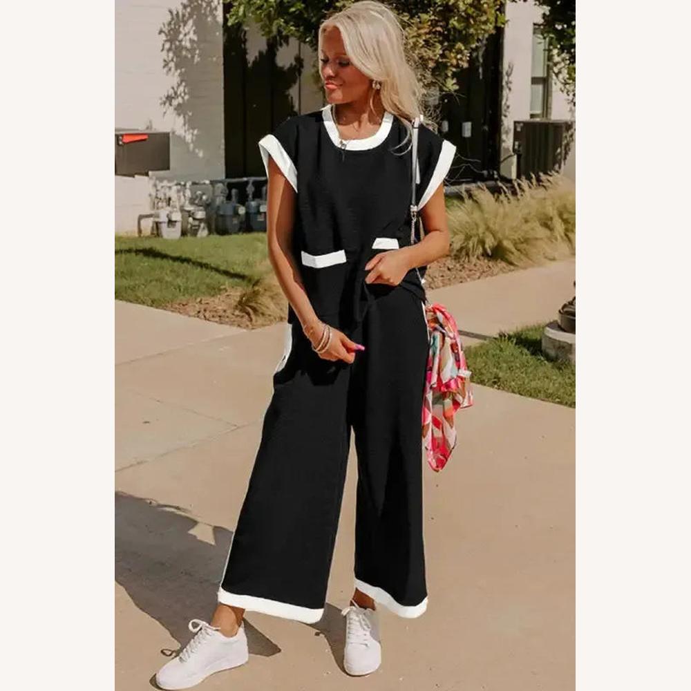 Ensemble Deux Pièces Femme Noir avec Haut Ample et Pantalon à Jambes Larges – Détails Contrastants Blancs