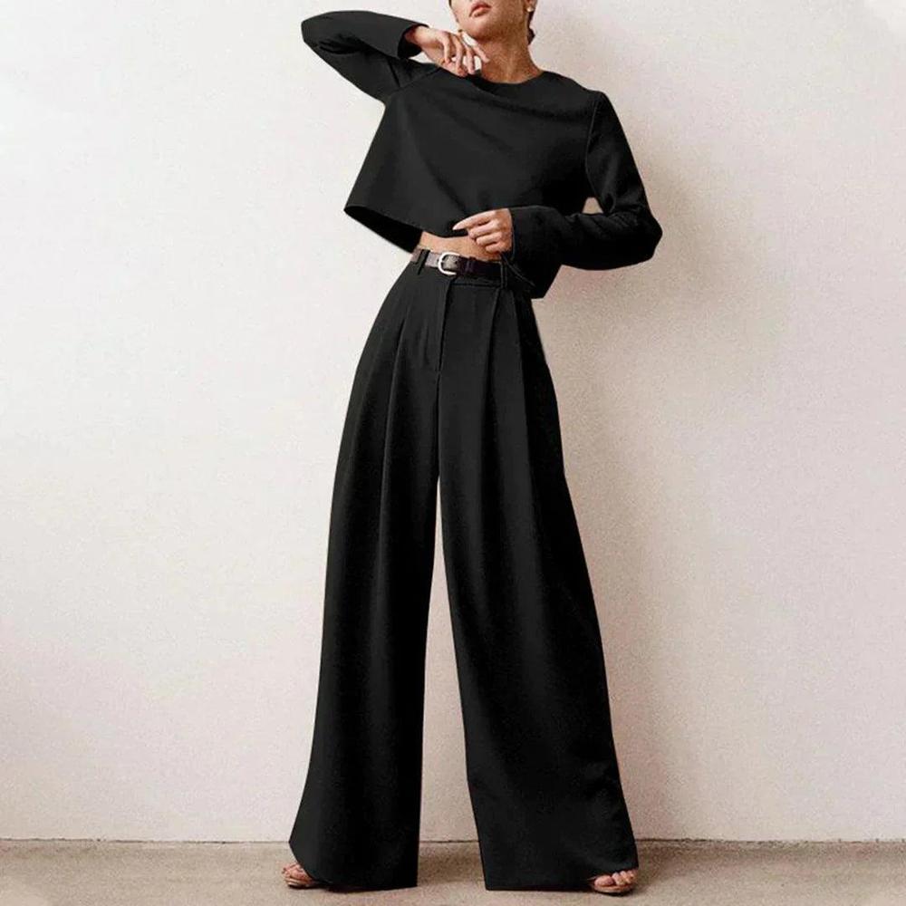 Ensemble Tailleur Femme Chic à Jambes Larges – Haut Court et Pantalon Taille Haute en Polyester