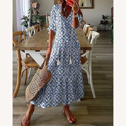 Women's Long Bohemian Dress with V-Neckline and Lantern Sleeves – Bright Floral Pattern for Summer
