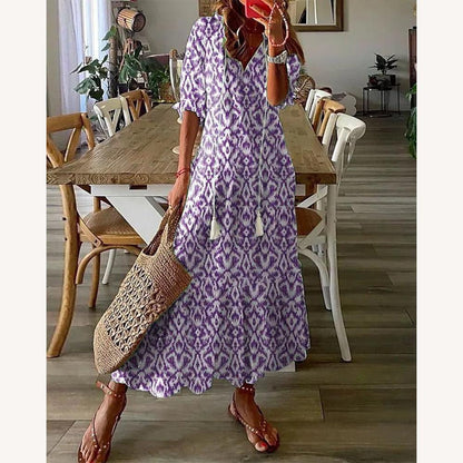Women's Long Bohemian Dress with V-Neckline and Lantern Sleeves – Bright Floral Pattern for Summer
