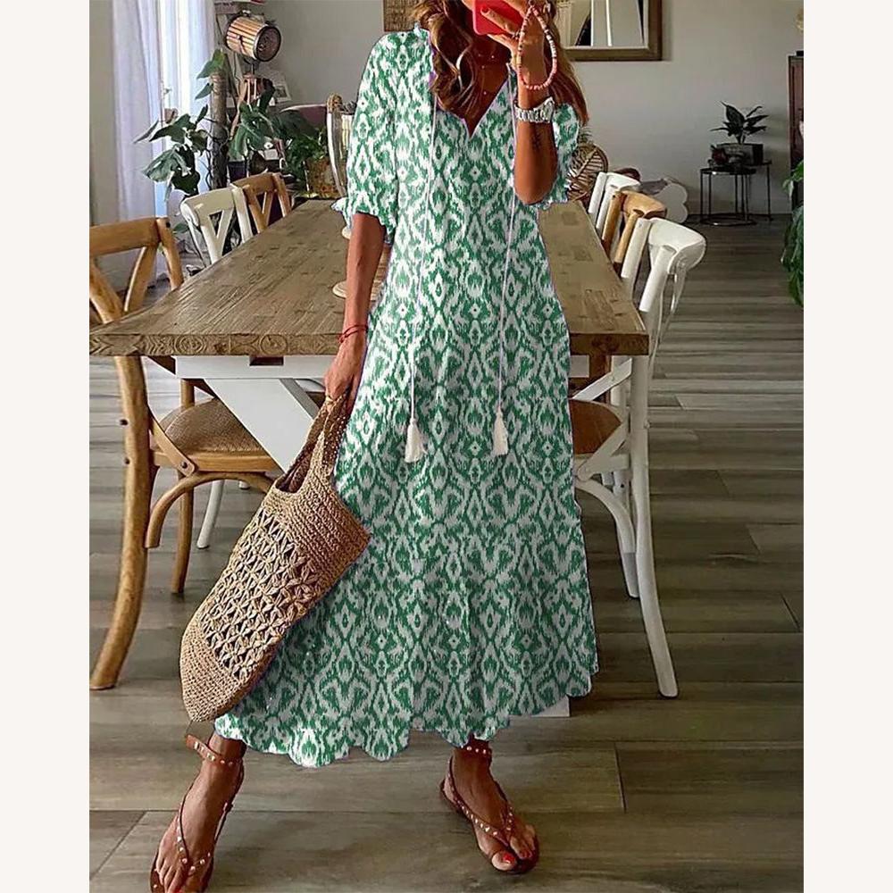 Robe Longue Femme Bohème avec Décolleté en V et Manches Lanternes – Motif Fleurie Éclatant pour l'Été