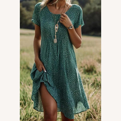 Women's Chic Midi Dress with Green Polka Dots and Short Sleeves – Elegant and Versatile