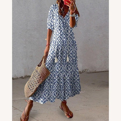 Women's Long Bohemian Dress with V-Neckline and Lantern Sleeves – Bright Floral Pattern for Summer