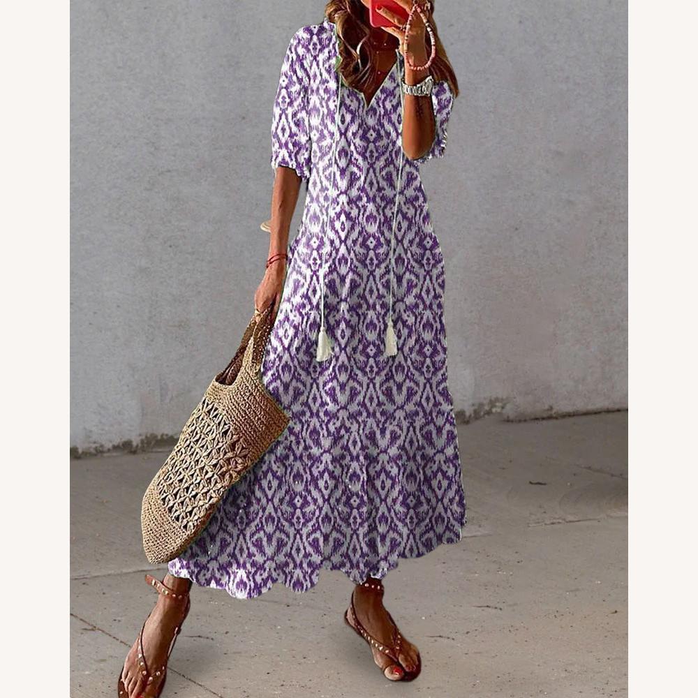 Robe Longue Femme Bohème avec Décolleté en V et Manches Lanternes – Motif Fleurie Éclatant pour l'Été