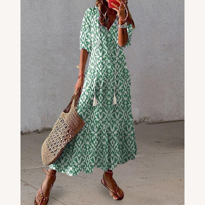 Women's Long Bohemian Dress with V-Neckline and Lantern Sleeves – Bright Floral Pattern for Summer