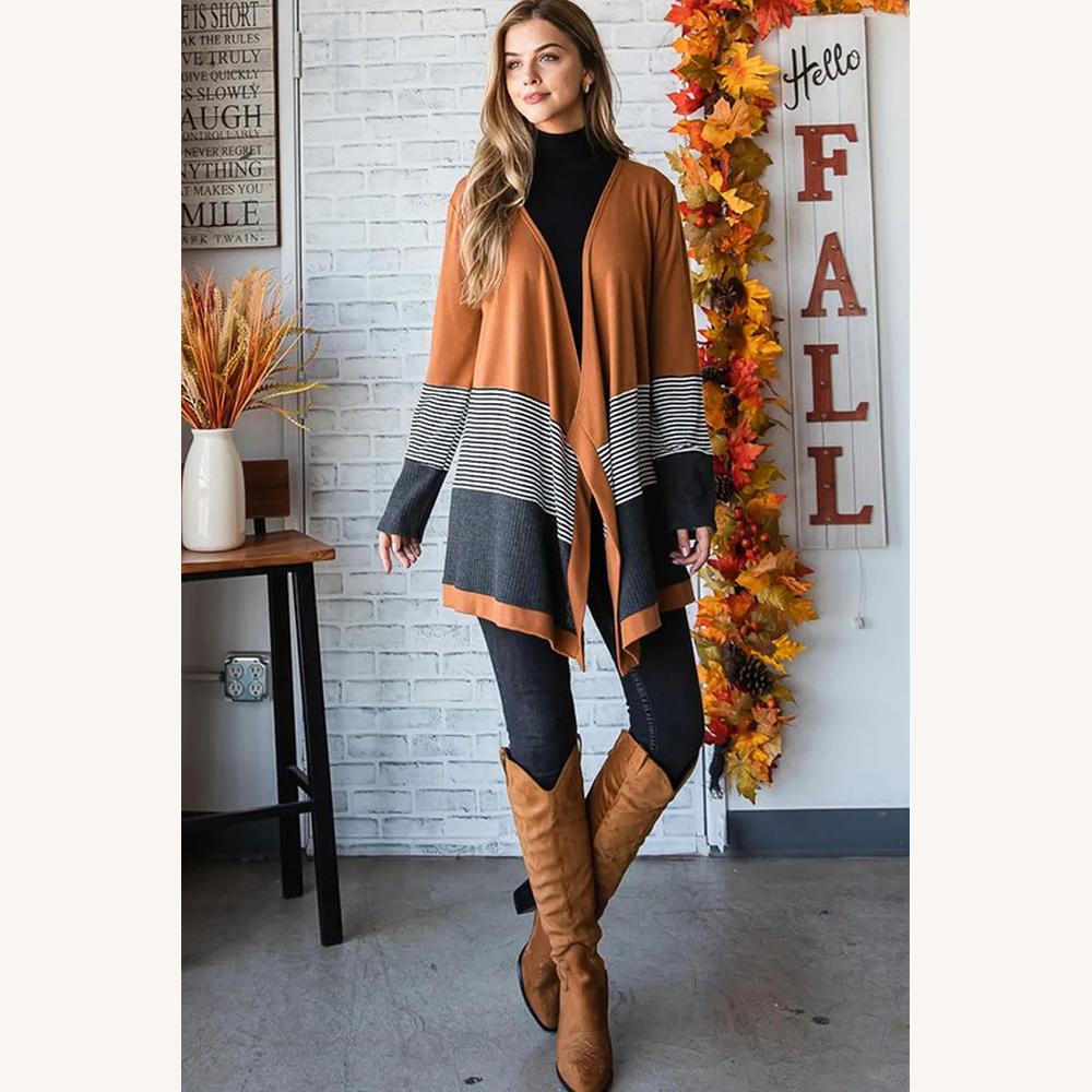Cardigan Femme Colorblock à Rayures – Ouverture Fluide, Mi-Cuisse, Confortable et Décontracté, Orange et Noir