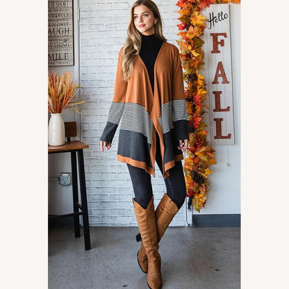 Women's Colorblock Striped Cardigan – Fluid Opening, Mid-Thigh, Comfortable and Casual, Orange and Black