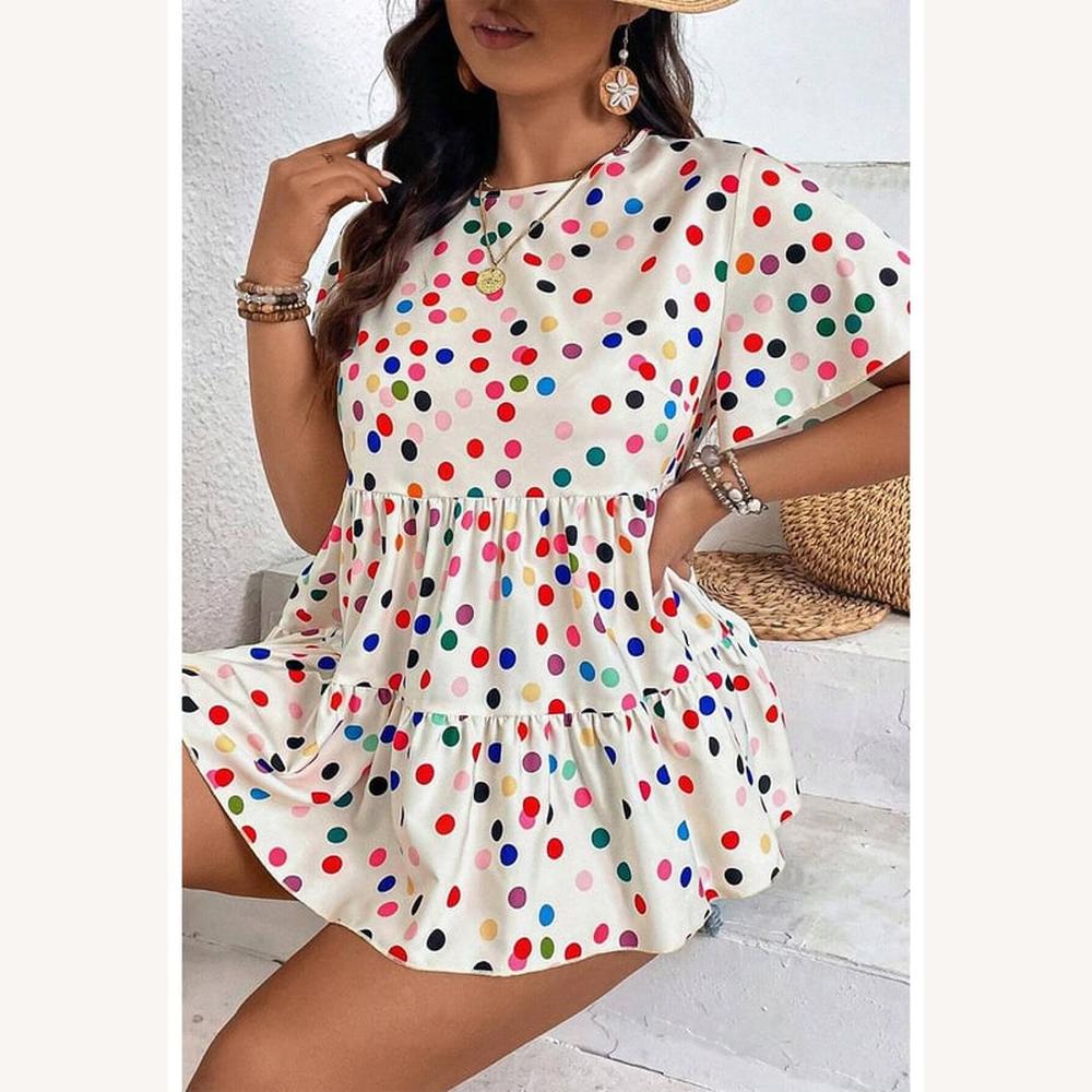 Robe Femme Babydoll Beige à Pois Multicolores – Confort Ample, Manches Volantées, Disponible Tailles Plus