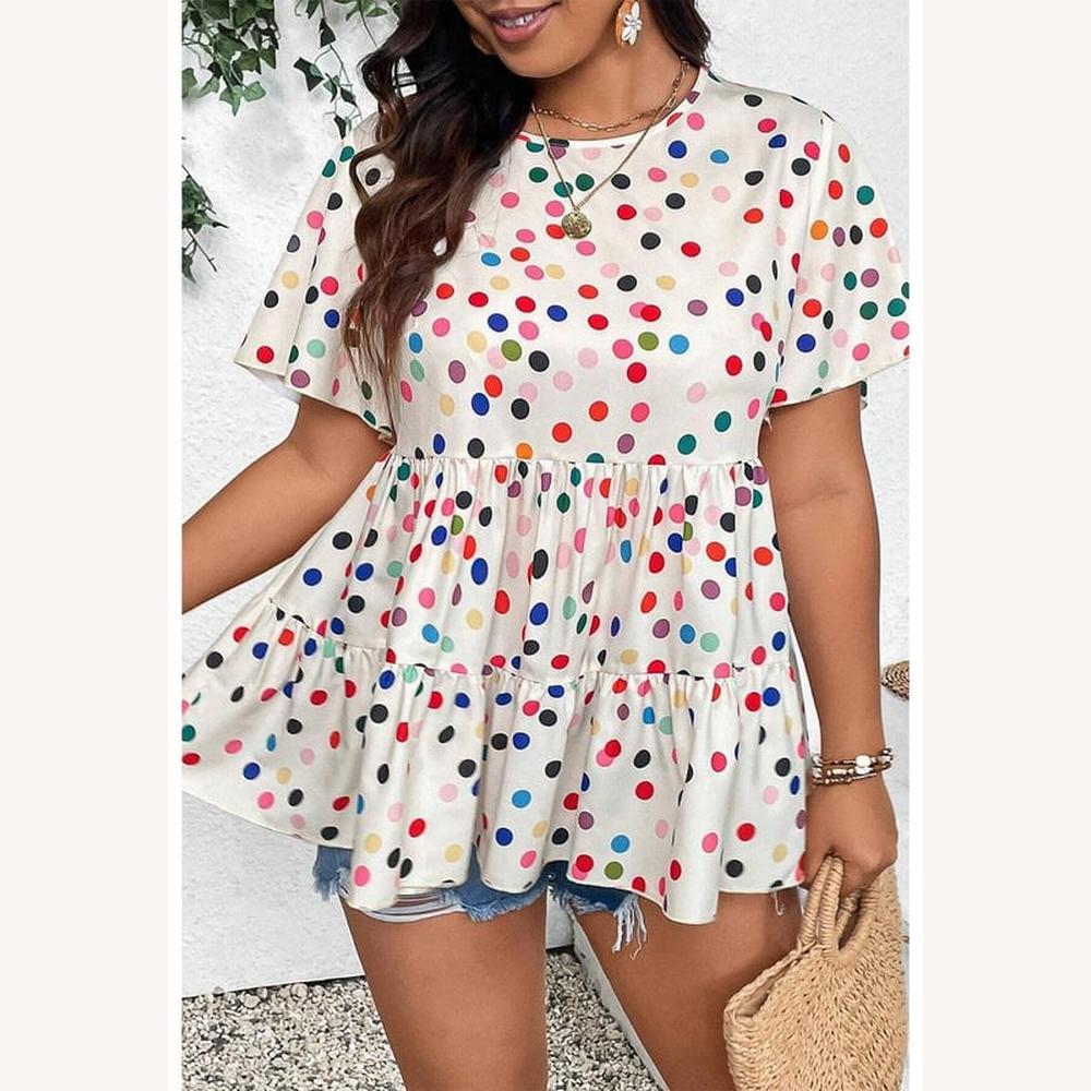 Robe Femme Babydoll Beige à Pois Multicolores – Confort Ample, Manches Volantées, Disponible Tailles Plus