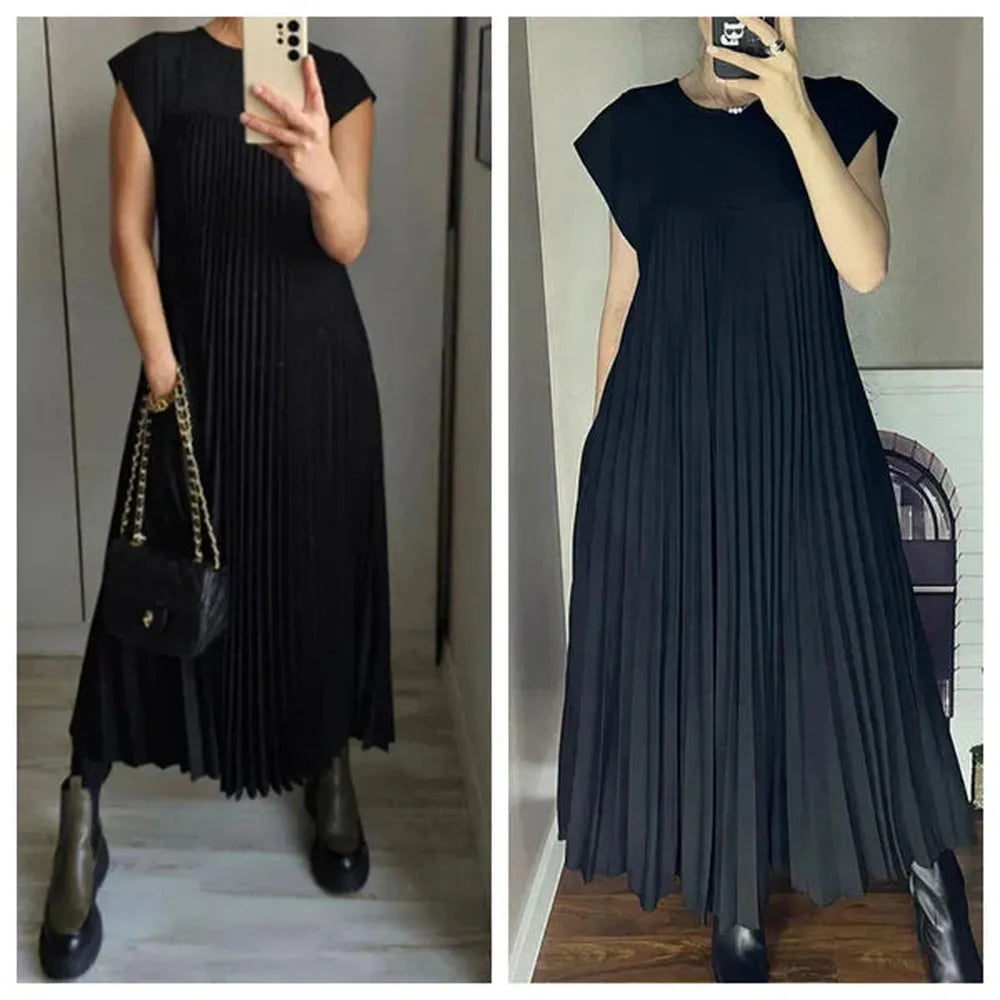 Robe Longue Femme Plissée Élégante en Couleur Unie – Confortable et Polyvalente pour Toutes les Occasions
