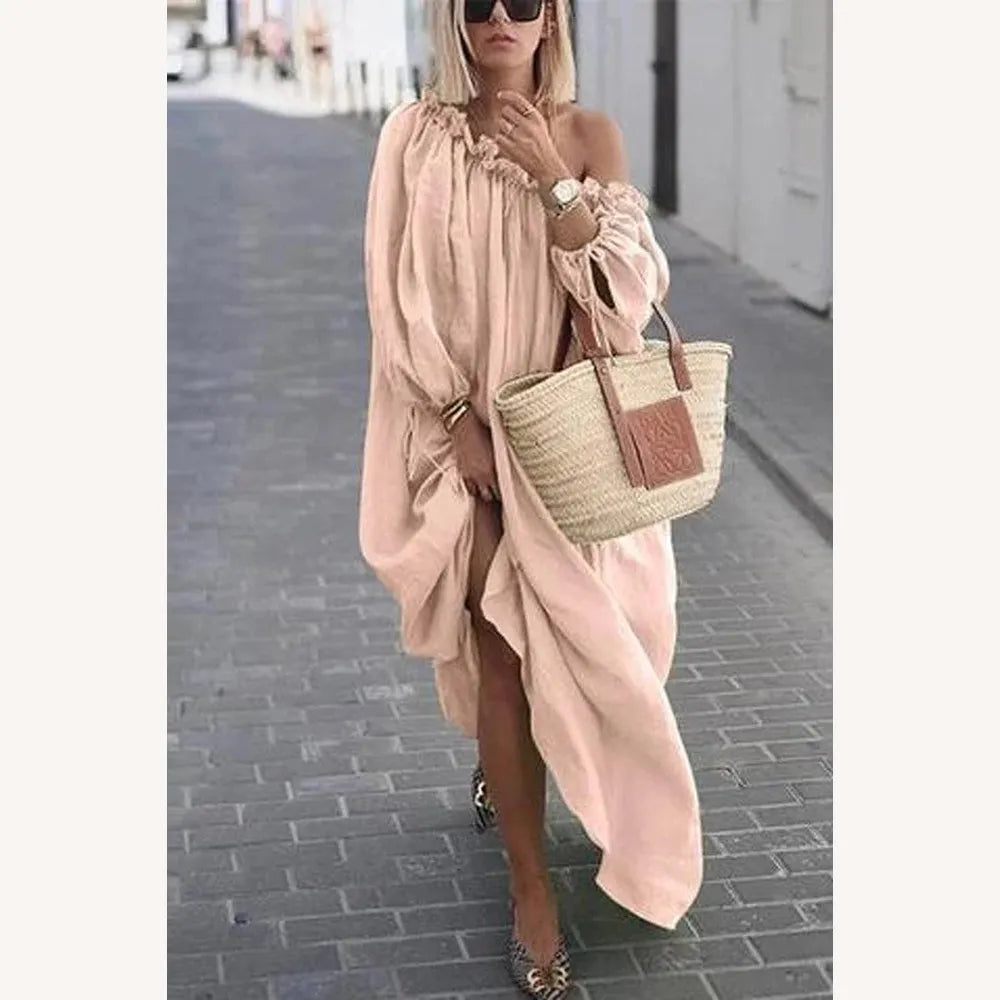 Robe Longue Femme Ample à Une Épaule - Chic et Décontractée en Couleur Unie, Idéale pour Toutes Occasions
