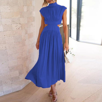 Elegant Long Women's Dress with Short Sleeves in Polyester with Invisible Zipper Closure - Casual Calf-Length Style