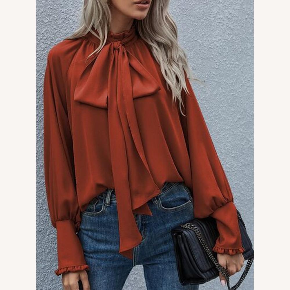 Blouse Femme Chic en Polyester Abricot avec Nœud Lavallière et Manches Bouffantes – Élégante et Polyvalente