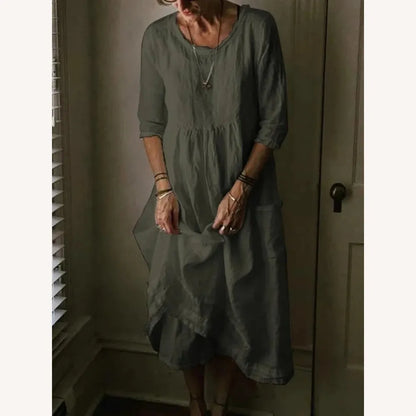 Long Women's Dress with Crew Neck in Blended Linen, Elegant and Comfortable, 3/4 Sleeves – Ideal for Spring and Summer