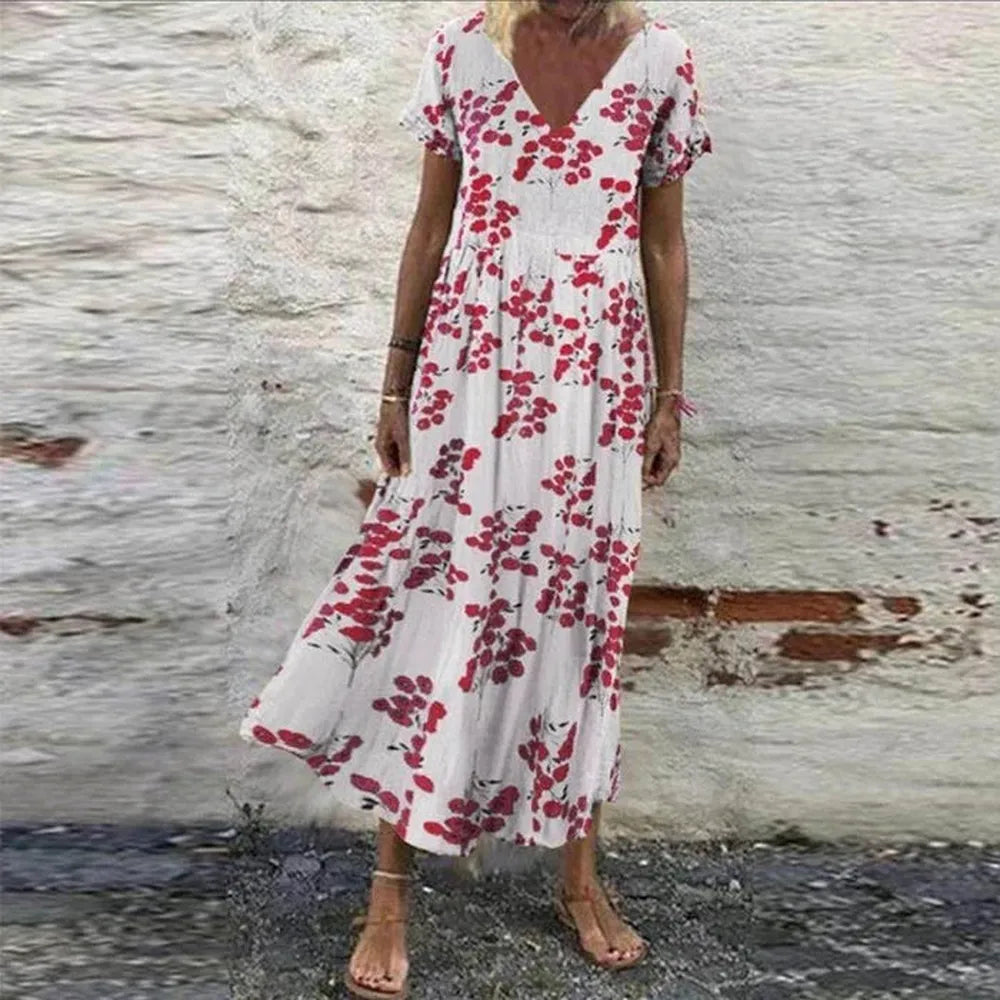 Women's Summer Dress with Flowers - V-Neck, Short Sleeves, Cotton and Rayon, Chic and Comfortable