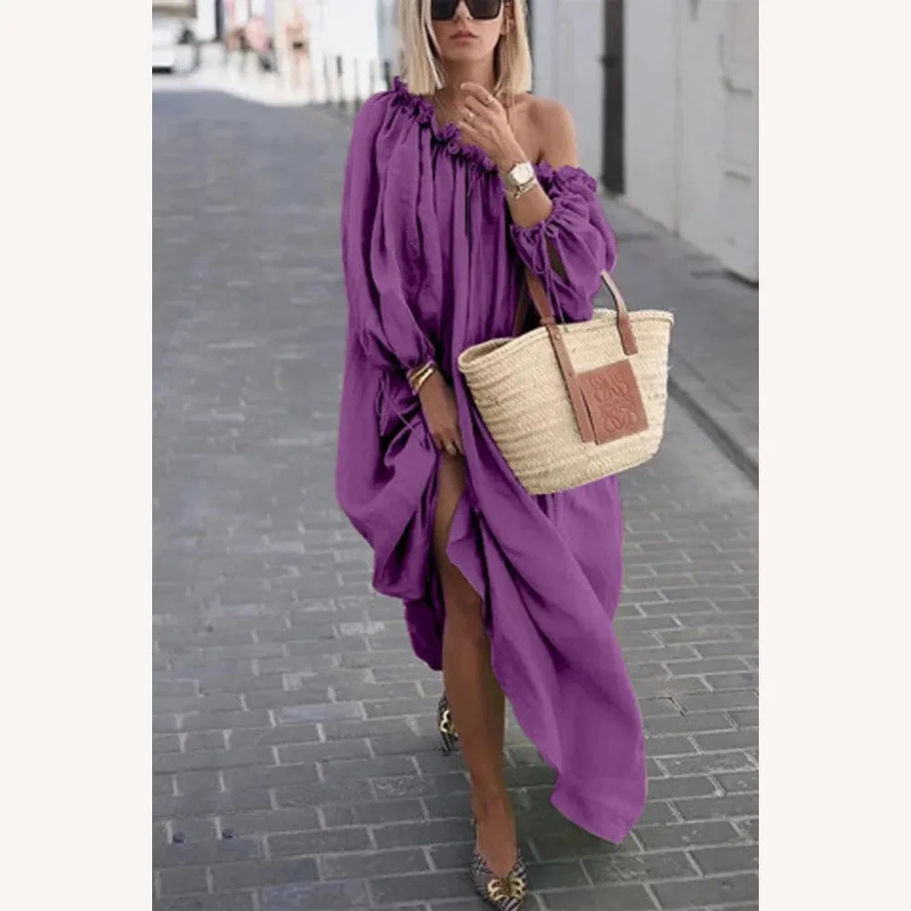 Robe Longue Femme Ample à Une Épaule - Chic et Décontractée en Couleur Unie, Idéale pour Toutes Occasions