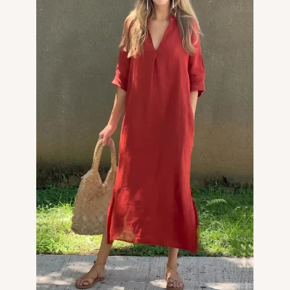 Robe Longue Femme en Lin à Col en V avec Poches – Élégante et Confortable, Disponible en Plusieurs Couleurs