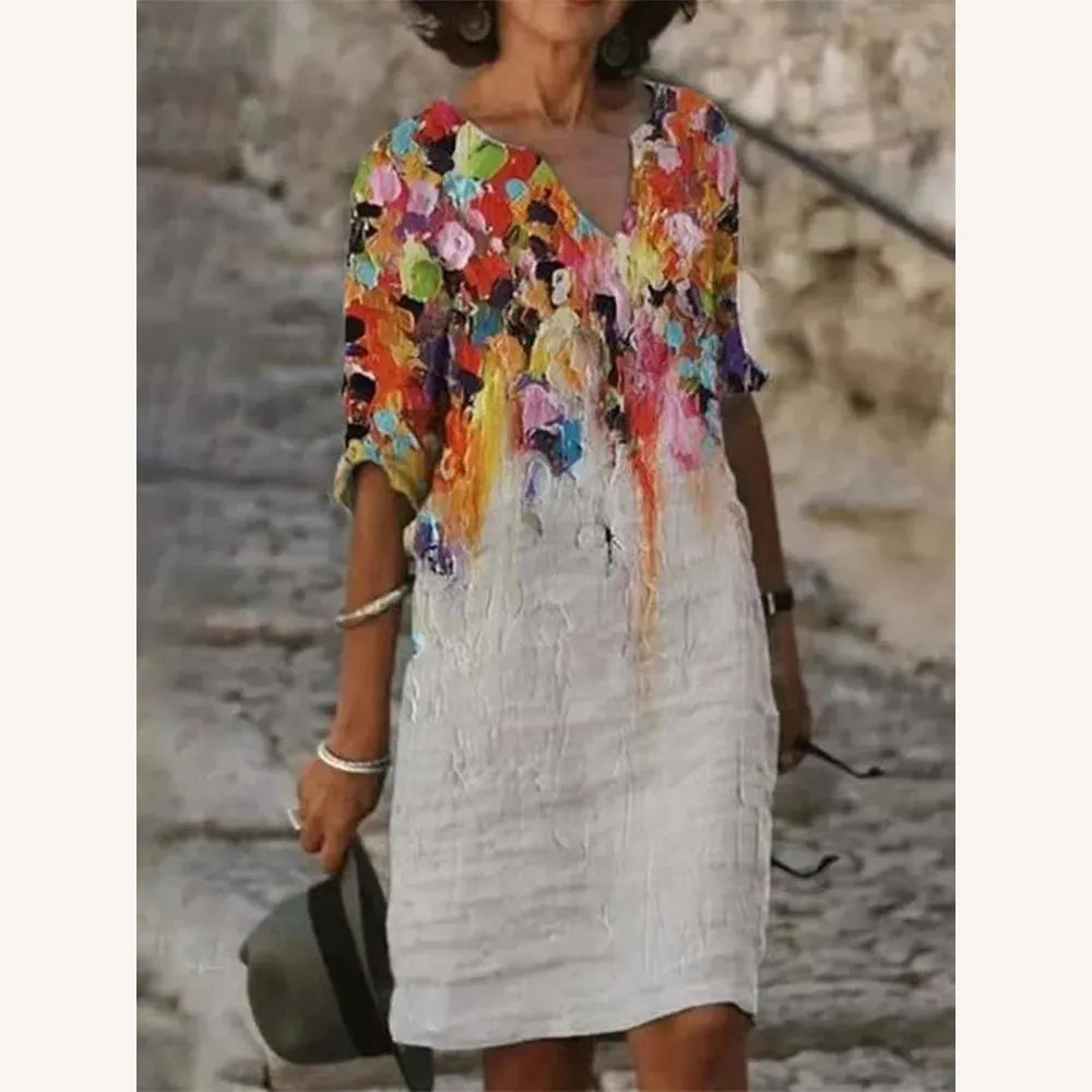 Robe Longue Femme en Coton et Lin avec Imprimé Artistique et Encolure Ras du Cou – Style Élégant et Confortable