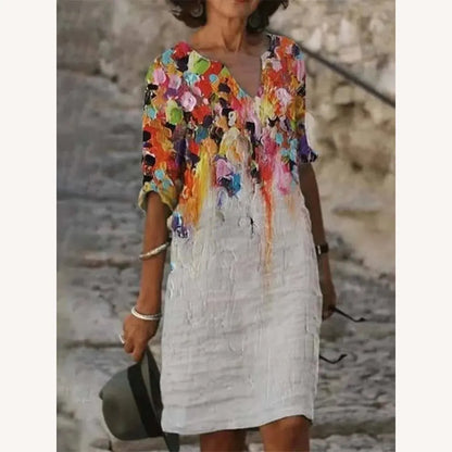 Long Dress Women in Cotton and Linen with Artistic Print and Crew Neck – Elegant and Comfortable Style