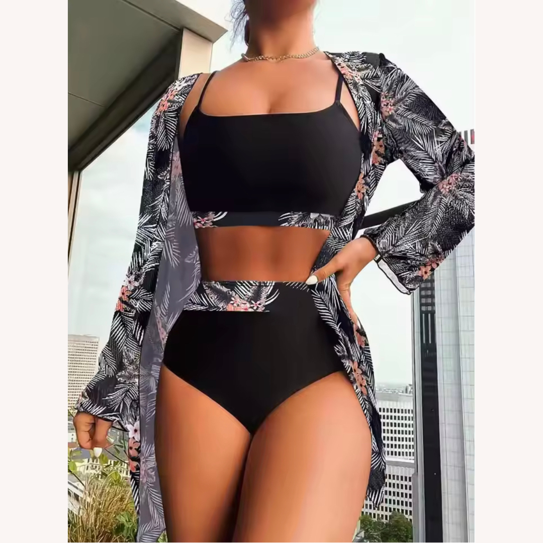 Women's Three-Piece High-Waisted Swimsuit with Long-Sleeve Blouse – Boho Chic Floral Style